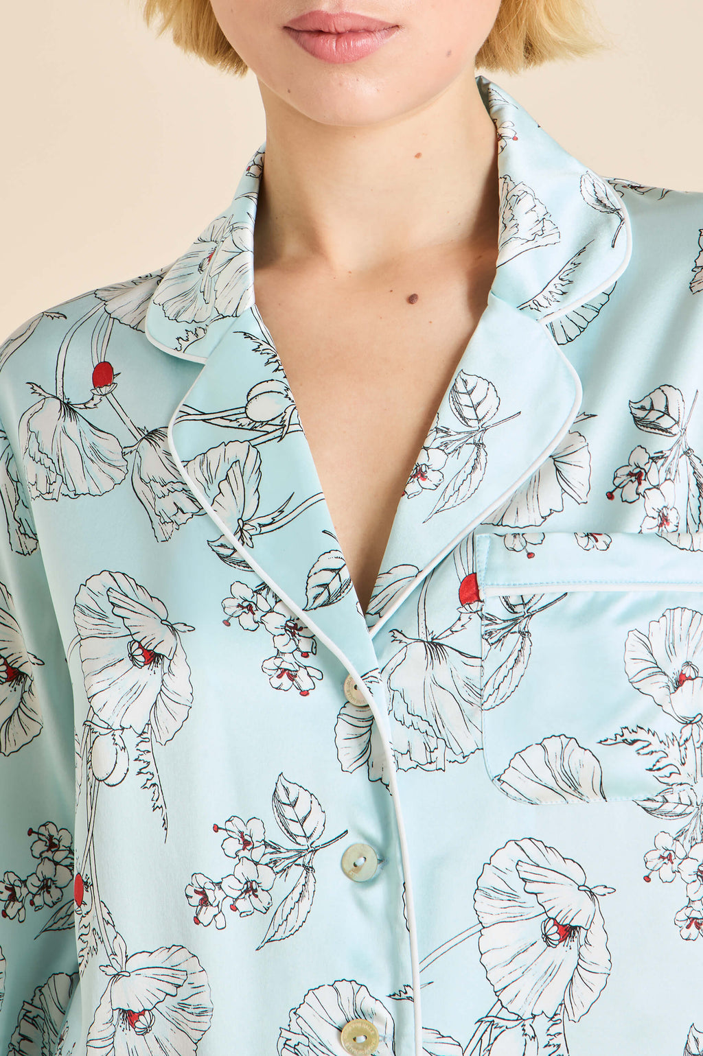 Lila Serafina Blue Floral Pajamas in Silk Satin