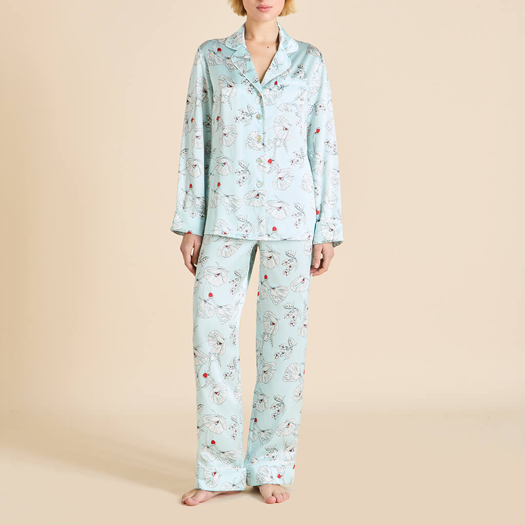 Lila Serafina Blue Floral Pajamas in Silk Satin