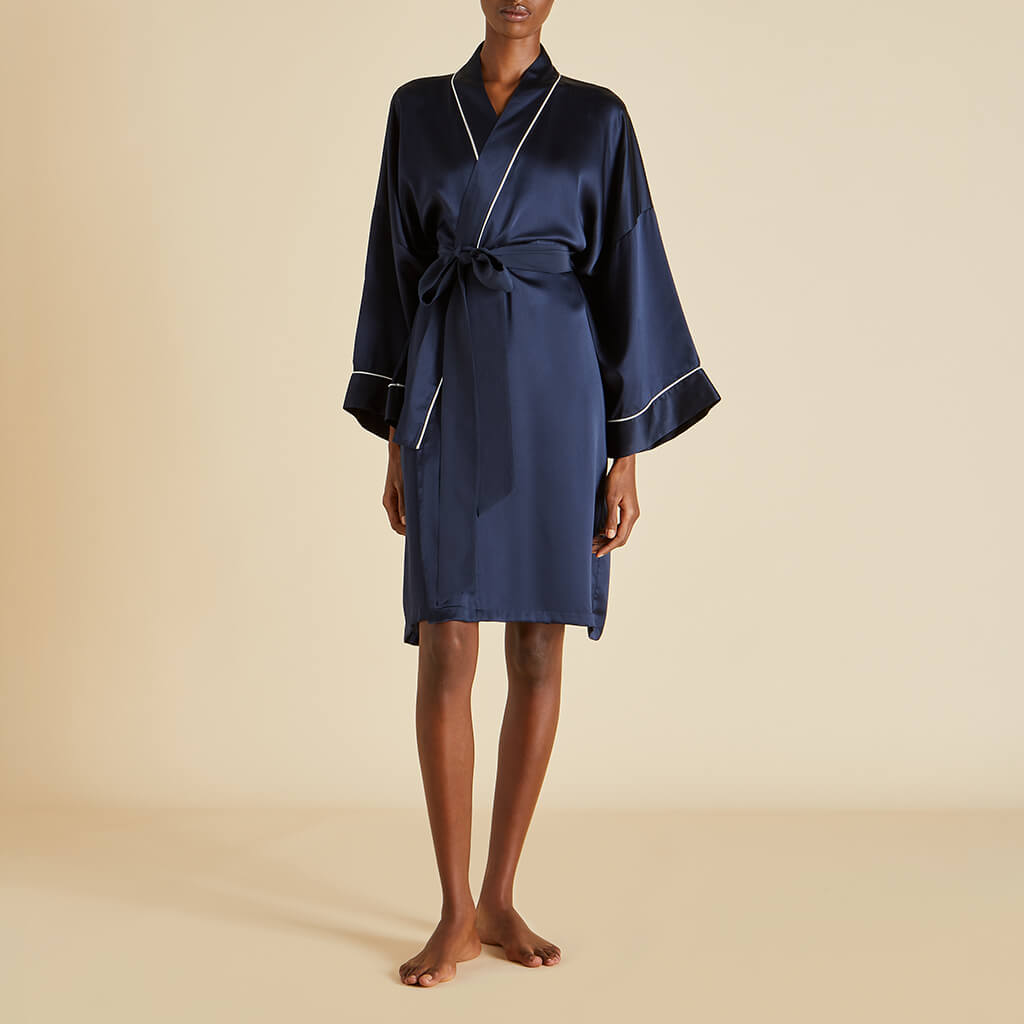 Mimi Navy Robe in Silk Satin