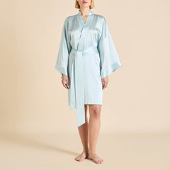Mimi Powder Blue Ivory Robe in Silk Satin