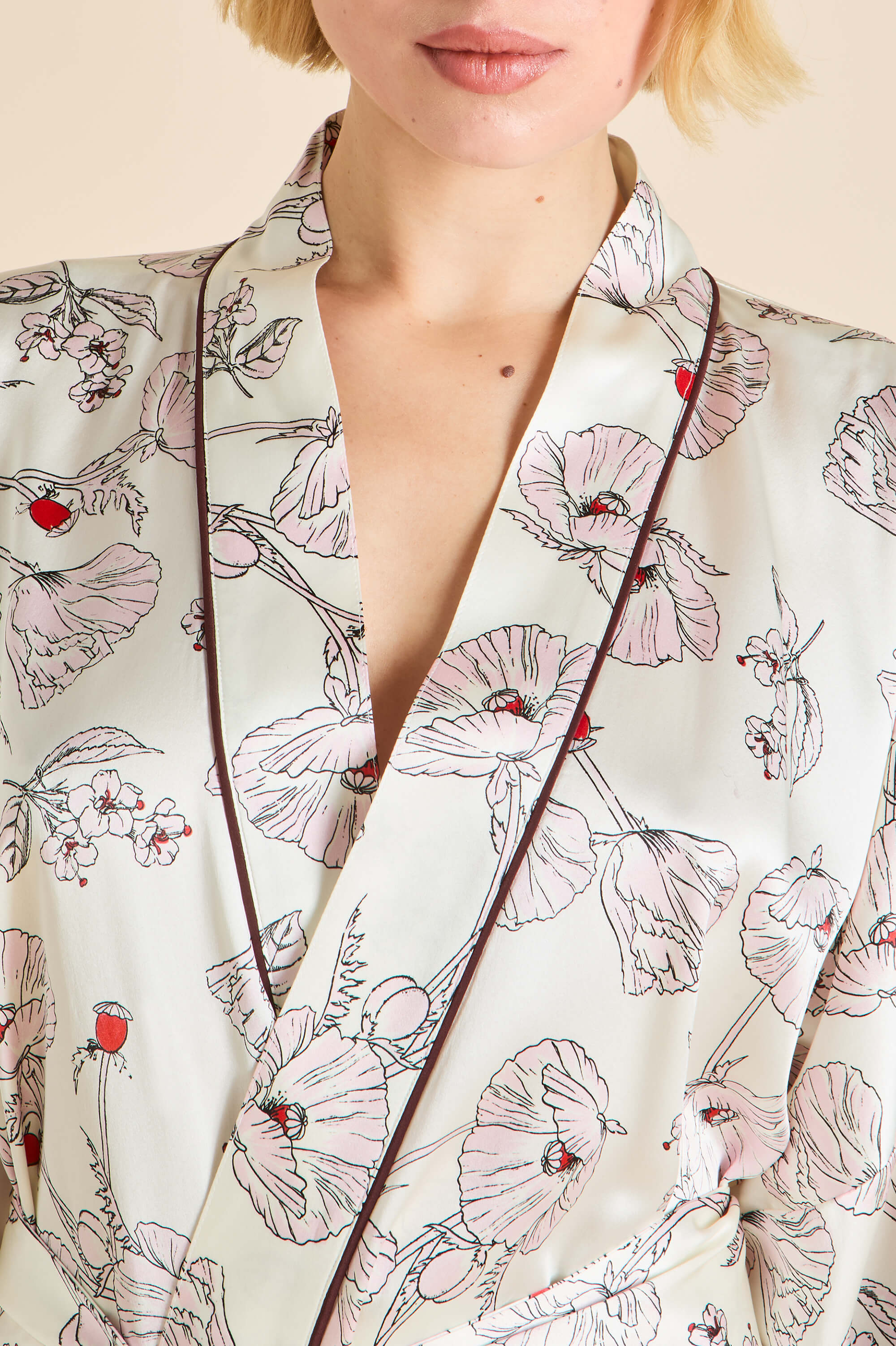 Mimi Rosalia Ivory Floral Robe in Silk Satin
