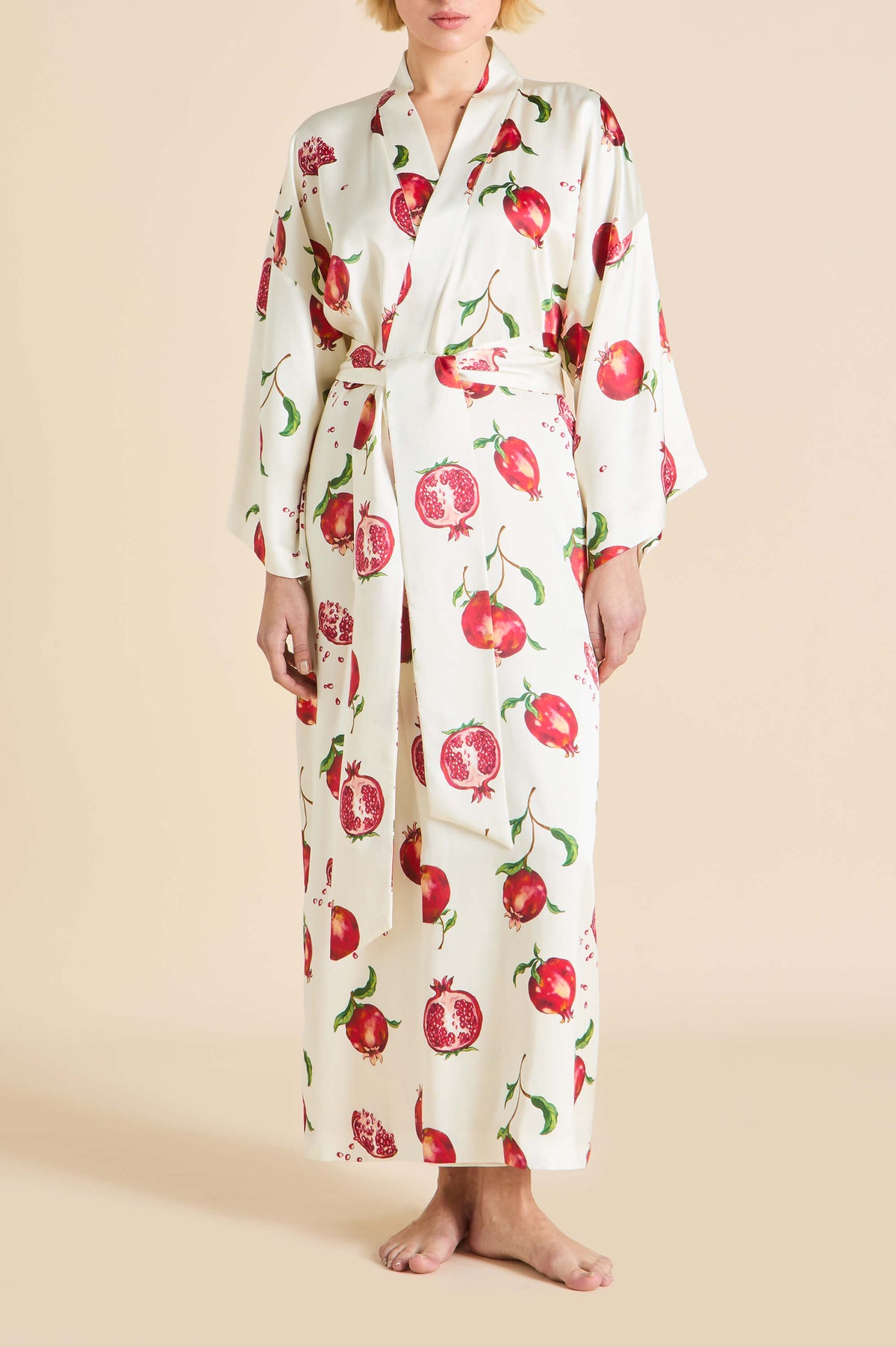 Queenie Allegra Ivory Pomegranate Robe in Silk Satin