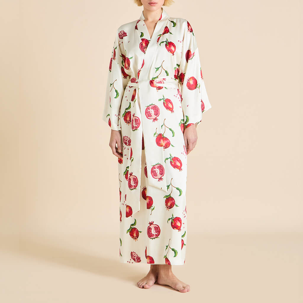 Queenie Allegra Ivory Pomegranate Robe in Silk Satin