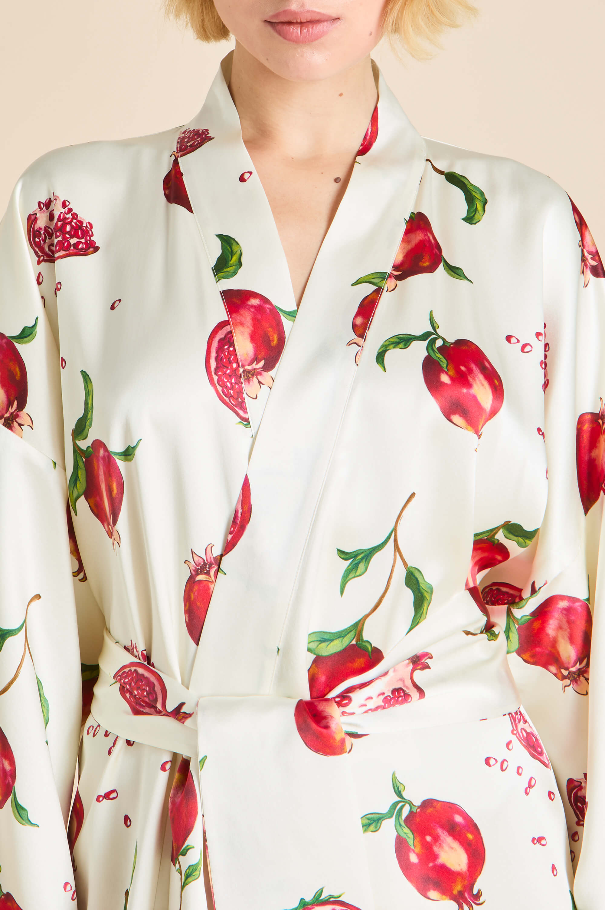 Queenie Allegra Ivory Pomegranate Robe in Silk Satin