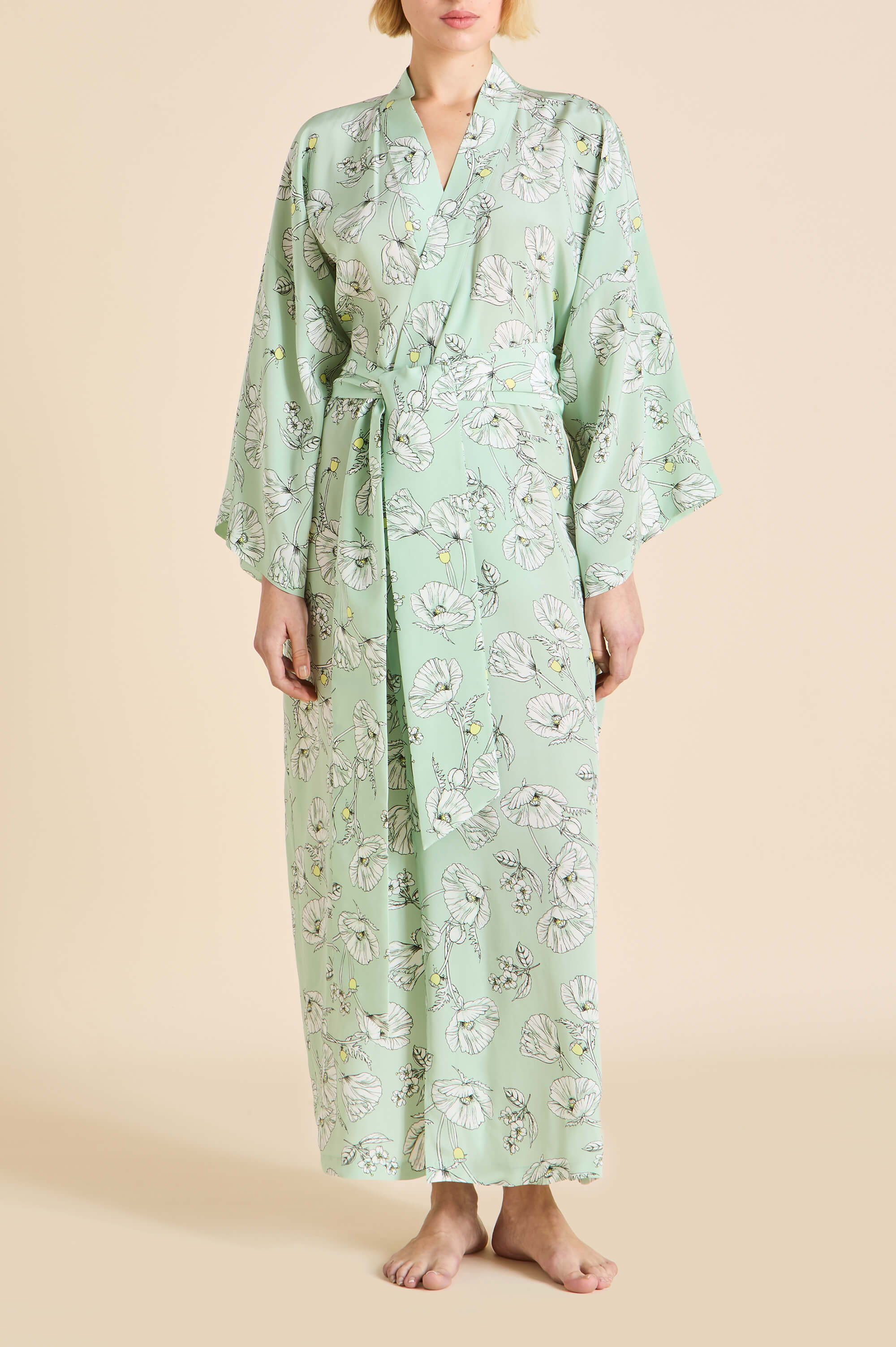 Queenie Delfina Green Floral Robe in Silk Crêpe de Chine