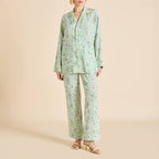 Yves Delfina Green Floral Pajamas in Silk Crêpe de Chine