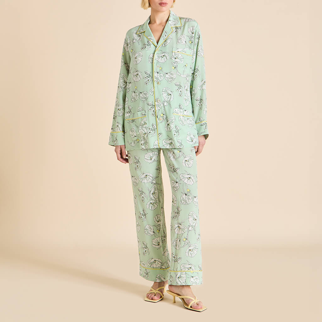 Yves Delfina Green Floral Pajamas in Silk Crêpe de Chine