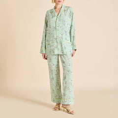 Yves Delfina Green Floral Pajamas in Silk Crêpe de Chine