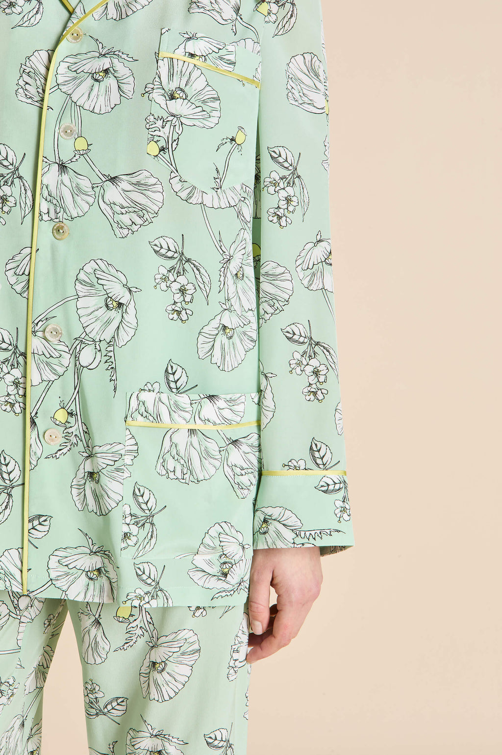 Yves Delfina Green Floral Pajamas in Silk Crêpe de Chine