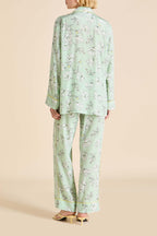 Yves Delfina Green Floral Pajamas in Silk Crêpe de Chine