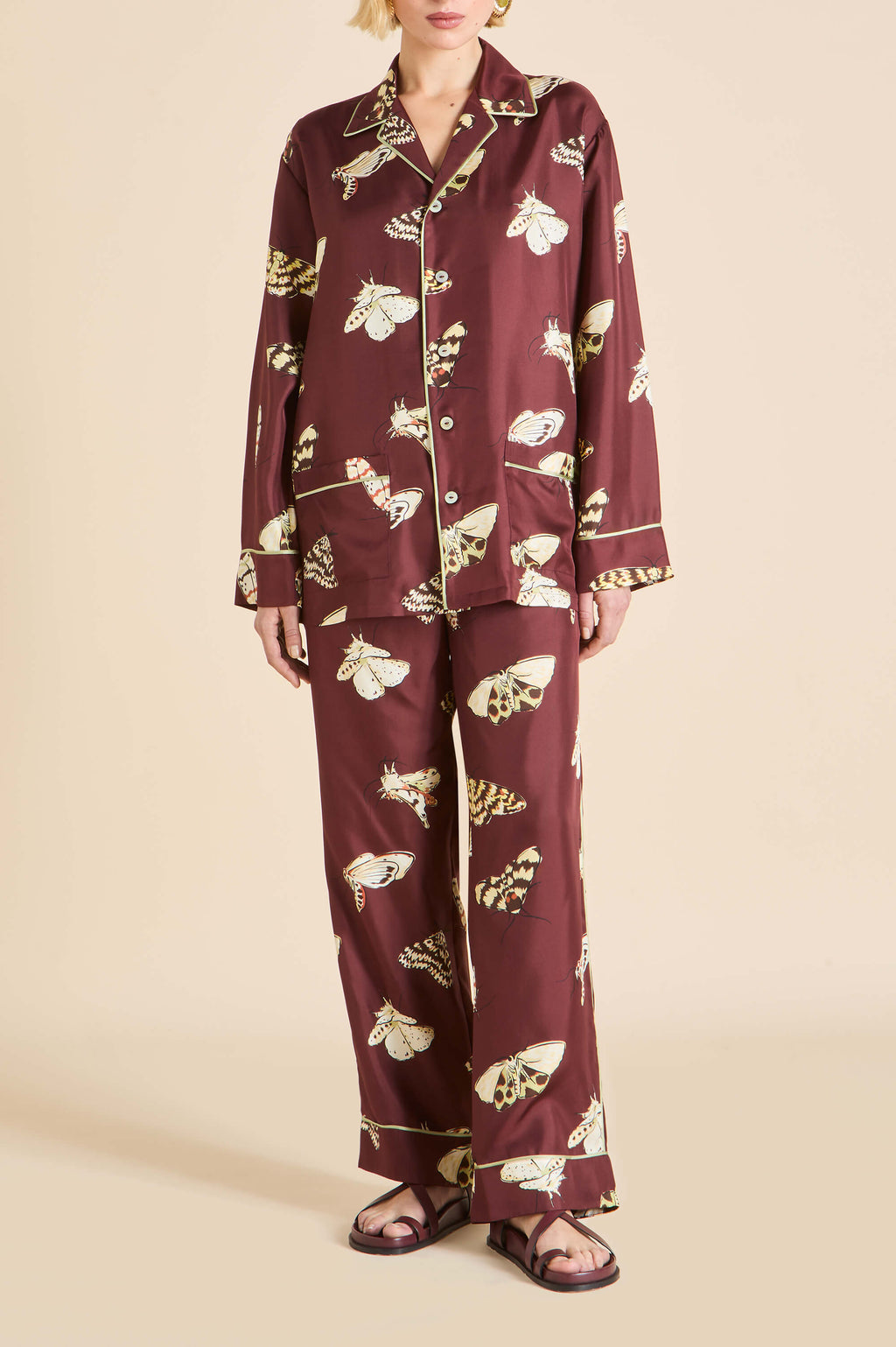 Yves Ettore Brown Moth Pajamas in Silk Twill