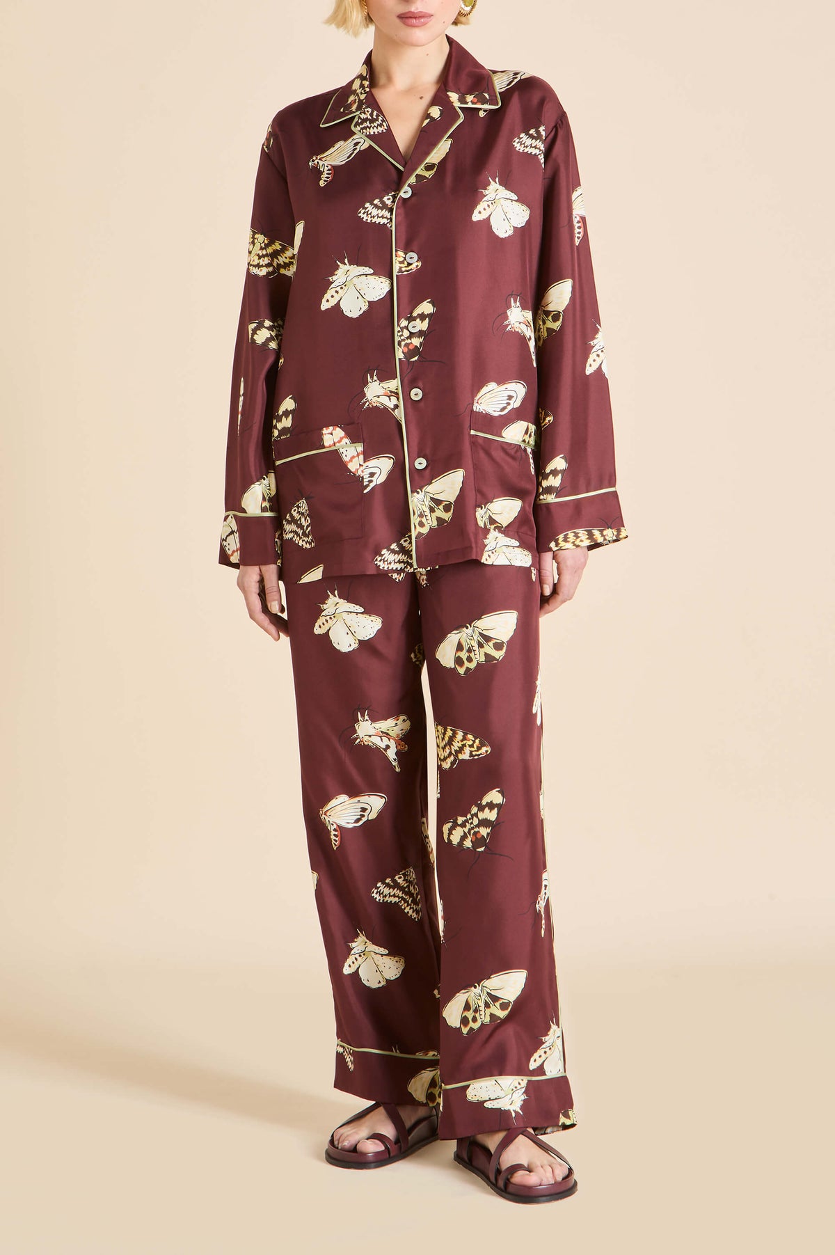Yves Ettore Brown Moth Pajamas in Silk Twill