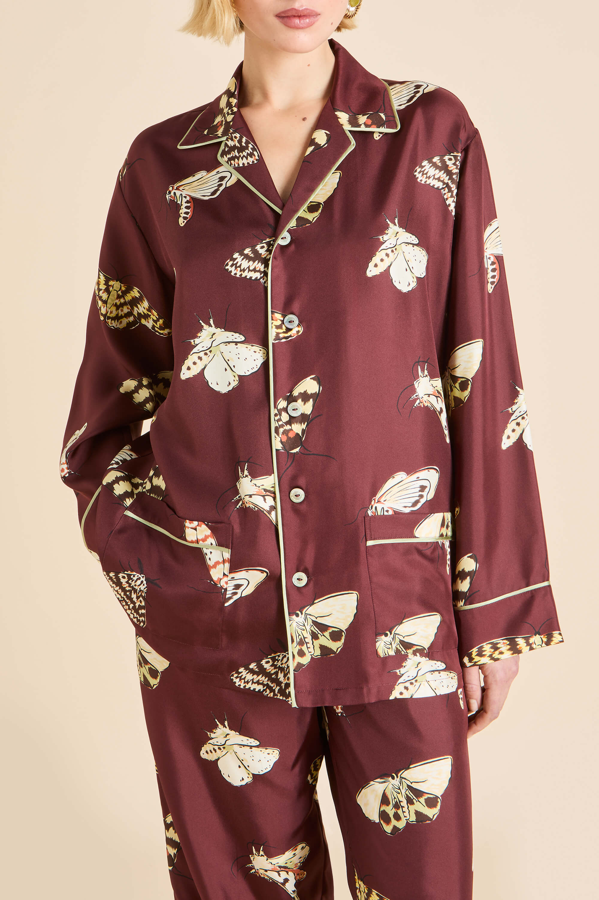 Yves Ettore Brown Moth Pajamas in Silk Twill