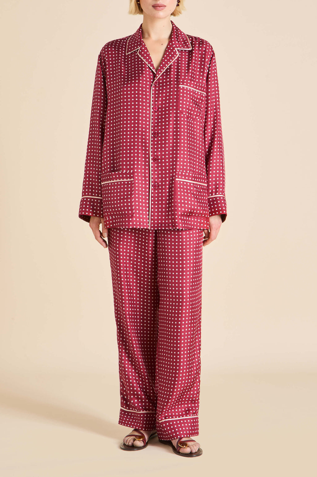 Yves Palazzo Burgundy Polka Dot Pajamas in Silk Twill