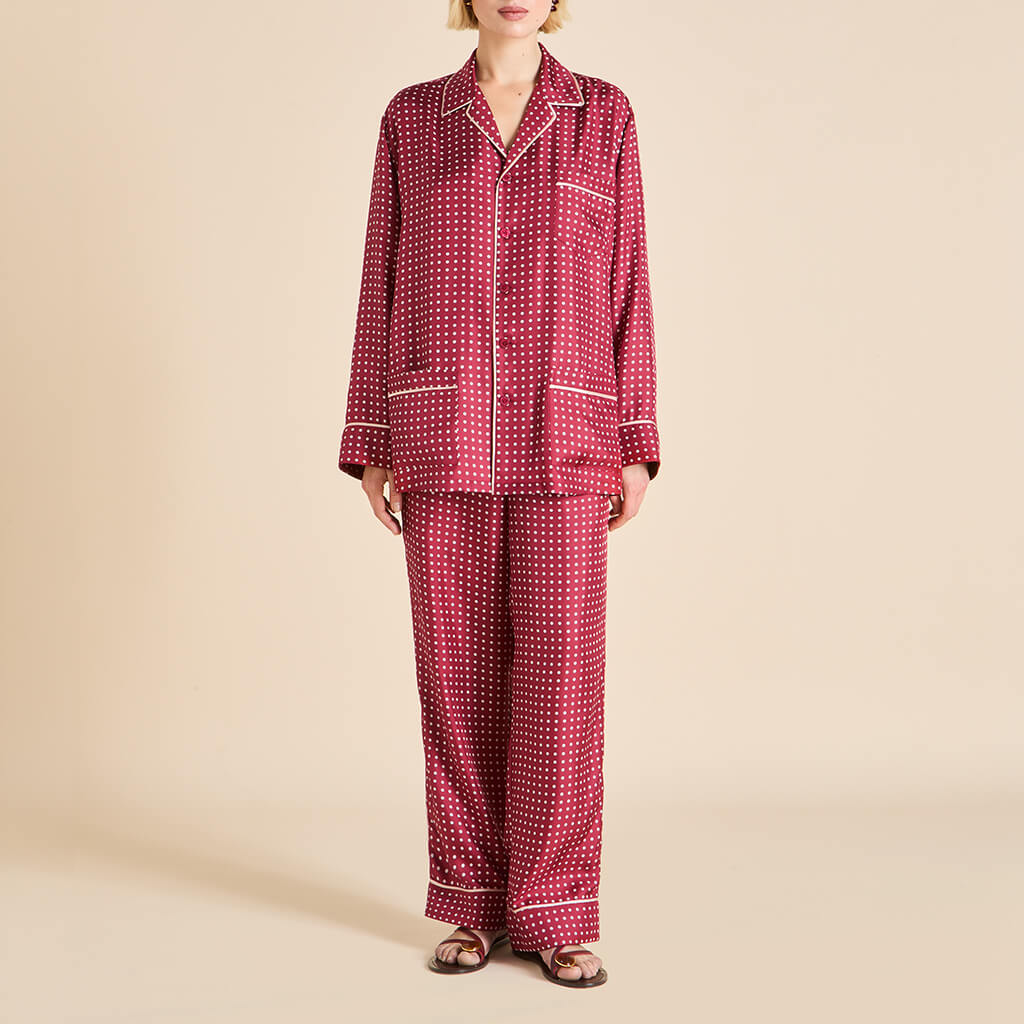 Yves Palazzo Burgundy Polka Dot Pajamas in Silk Twill