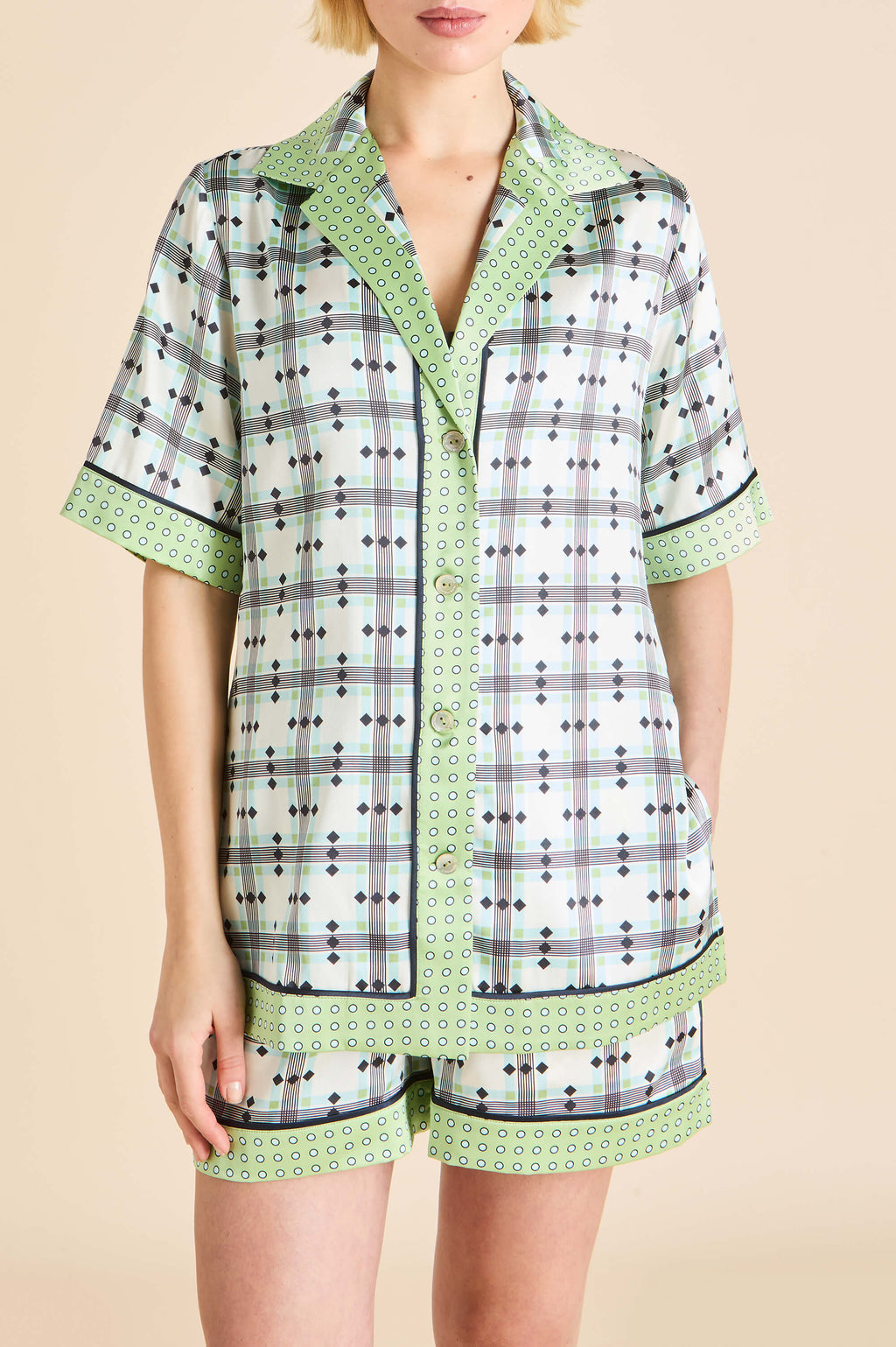 Zelda Cini Green Geometric Pajamas in Silk Satin