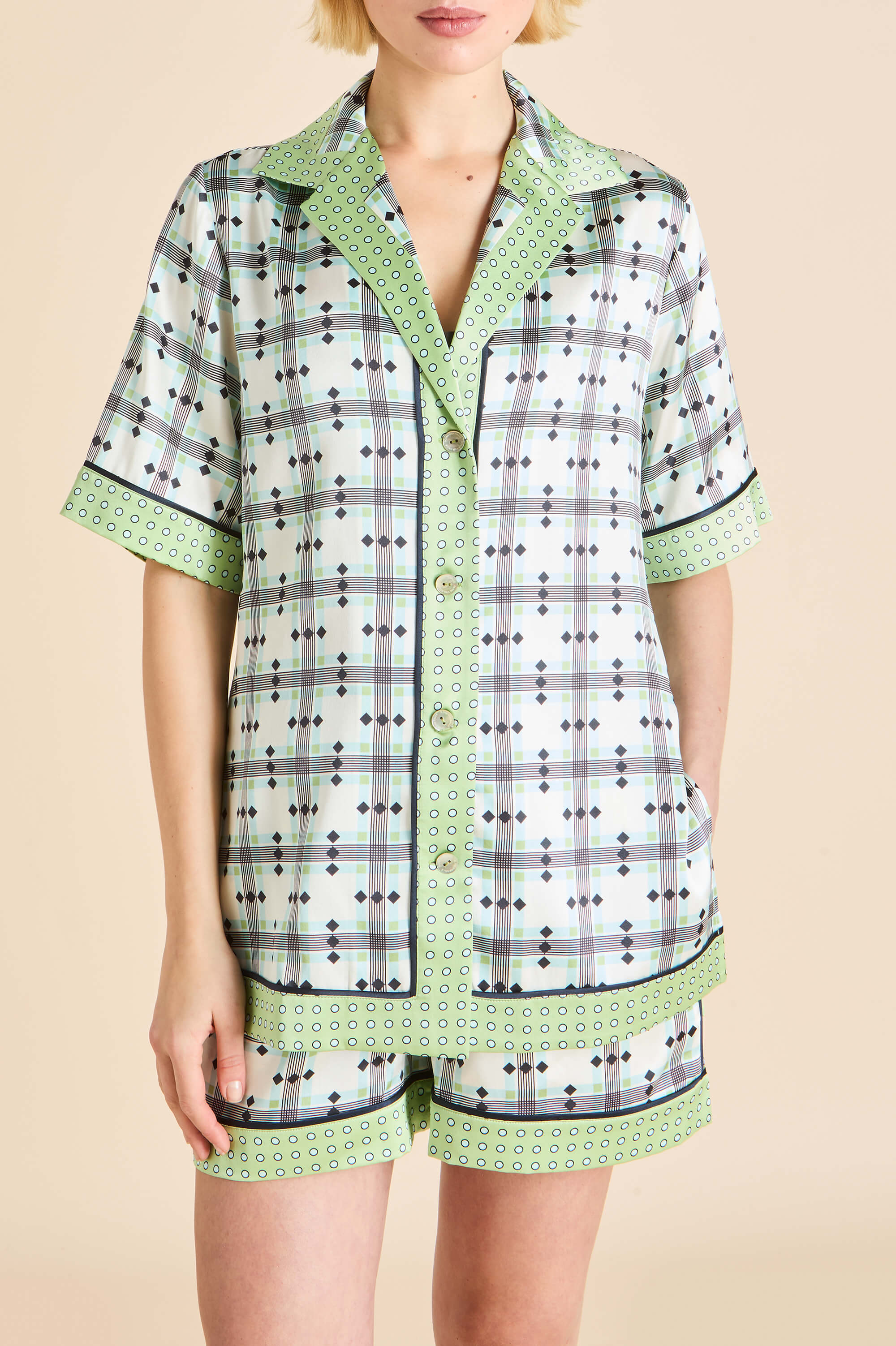 Zelda Cini Green Geometric Pajamas in Silk Satin