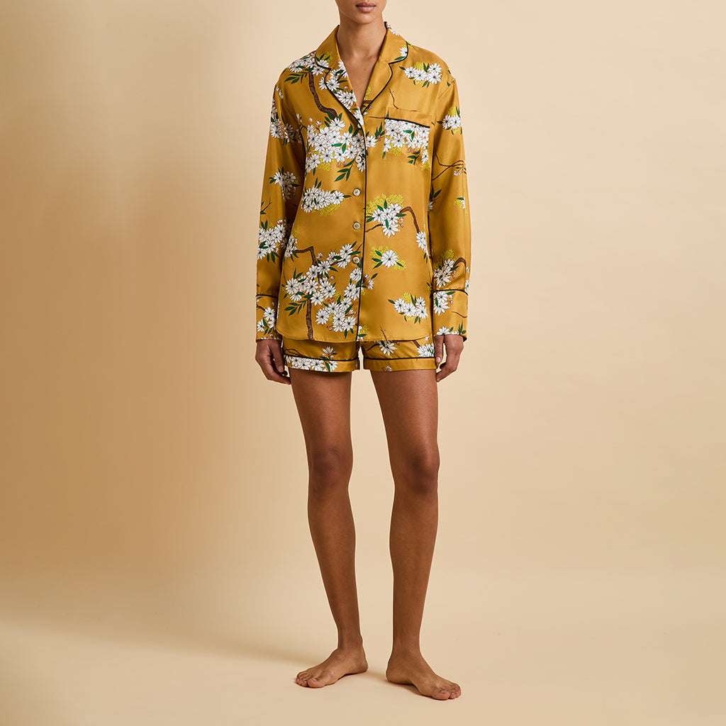 Alba Carmena Yellow Blossom Pajamas in Silk Twill