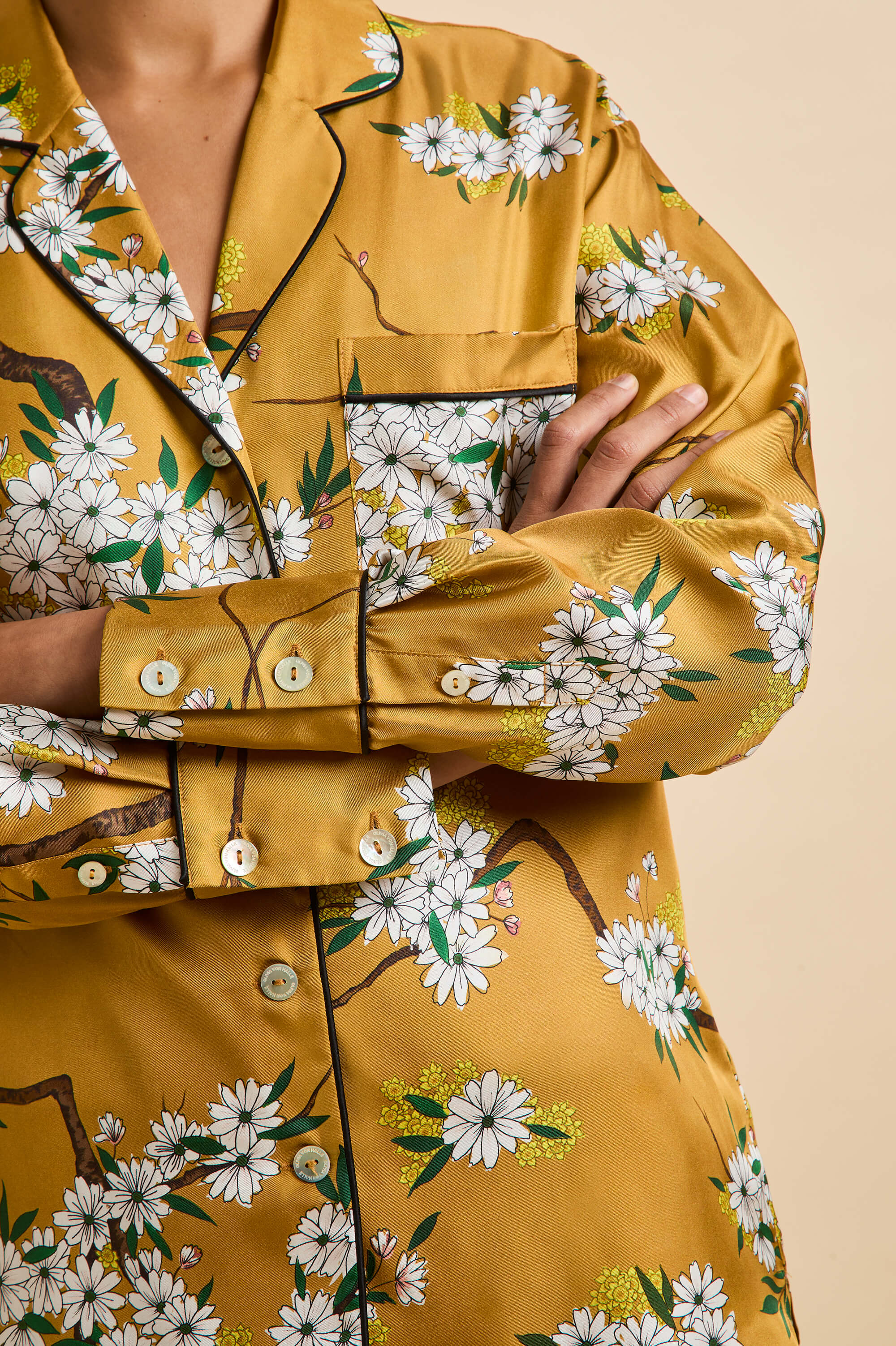 Alba Carmena Yellow Blossom Pajamas in Silk Twill
