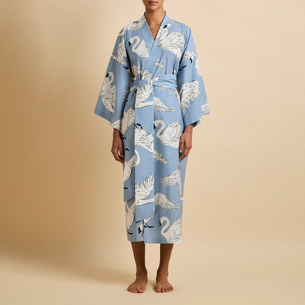 Amaya Laia Blue Swan Robe in Cotton-Silk
