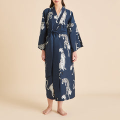 Amaya Ziegfeld Blue Leopard Robe in Cotton-Silk