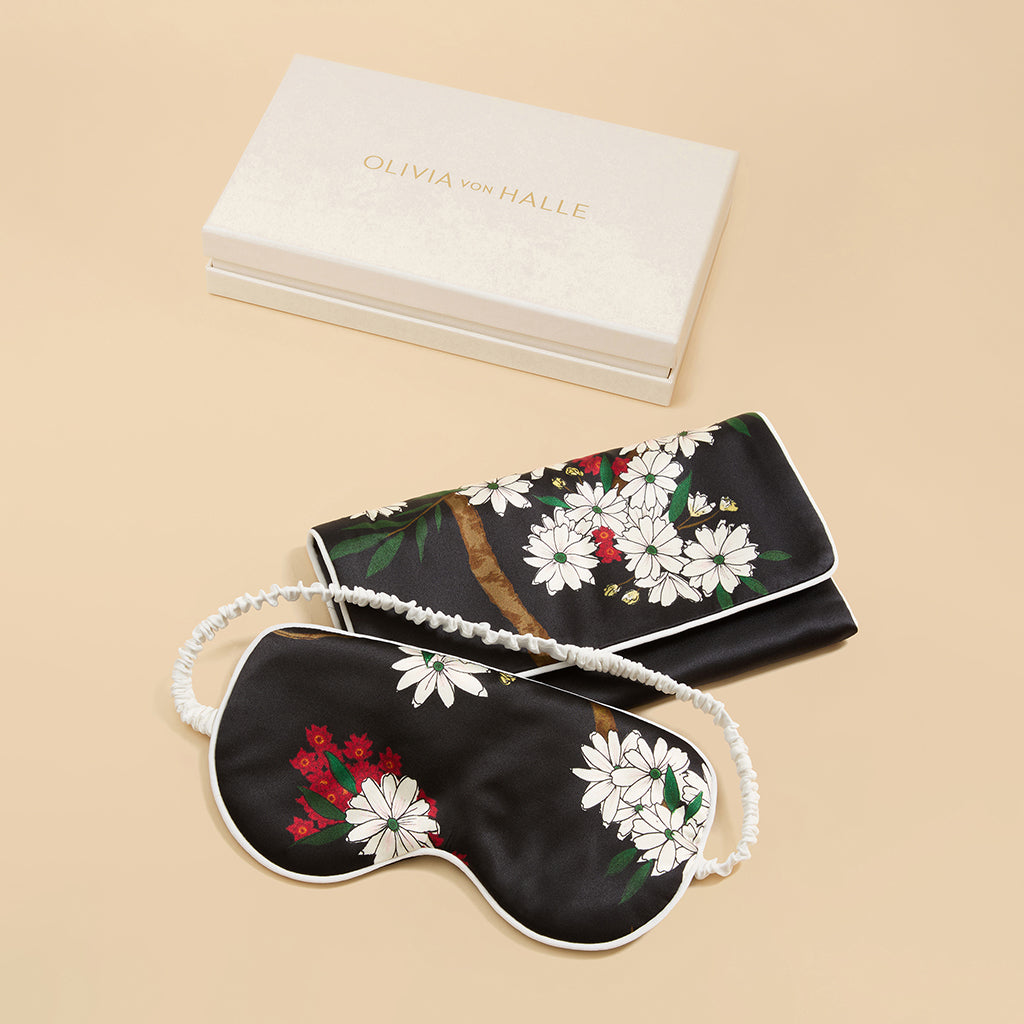 Audrey René Black Blossom Eye Mask in Silk Satin