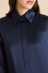 Bacall Navy Pajamas in Silk Satin