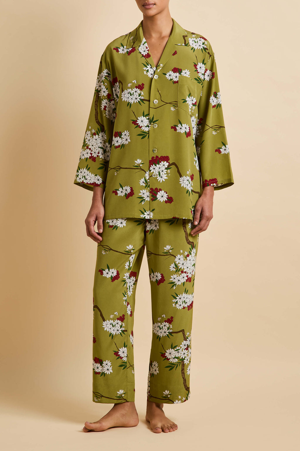 Casablanca Cecille Green Blossom Pajamas in Silk Crêpe de Chine