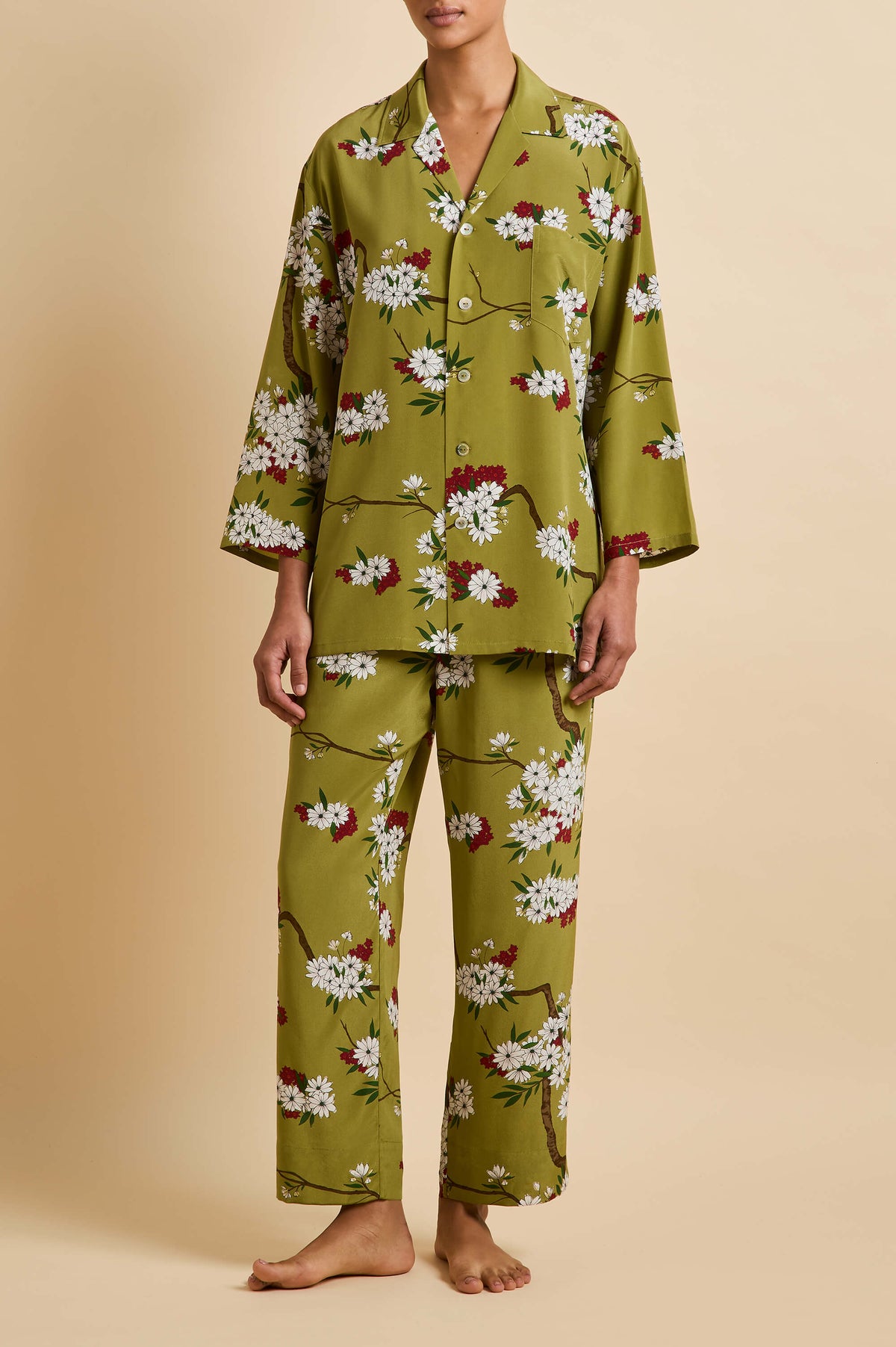 Casablanca Cecille Green Blossom Pajamas in Silk Crêpe de Chine