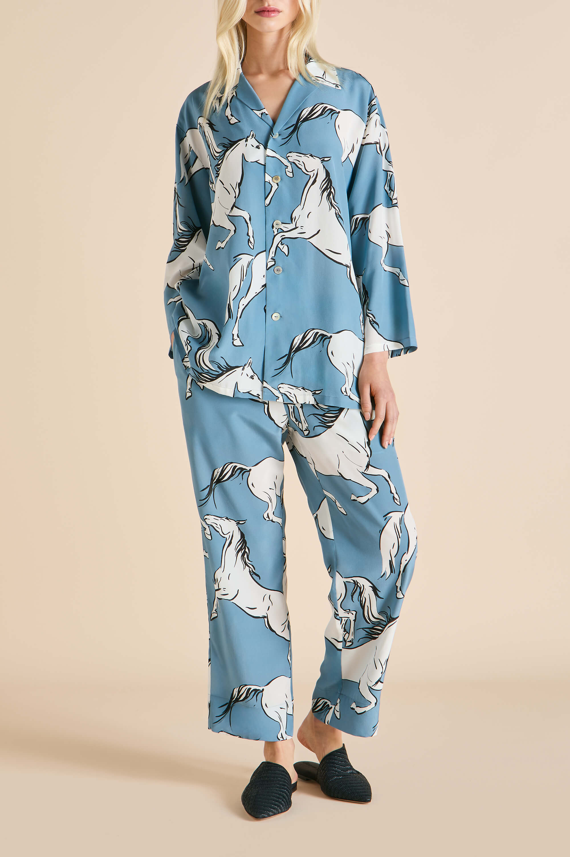 Casablanca Cordelia Blue Horse Pajamas in Silk Crêpe de Chine