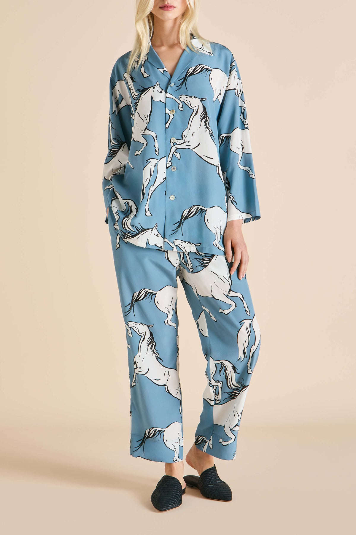 Casablanca Cordelia Blue Horse Pajamas in Silk Crêpe de Chine
