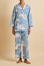 Casablanca Laia Blue Swan Pajamas in Cotton-Silk