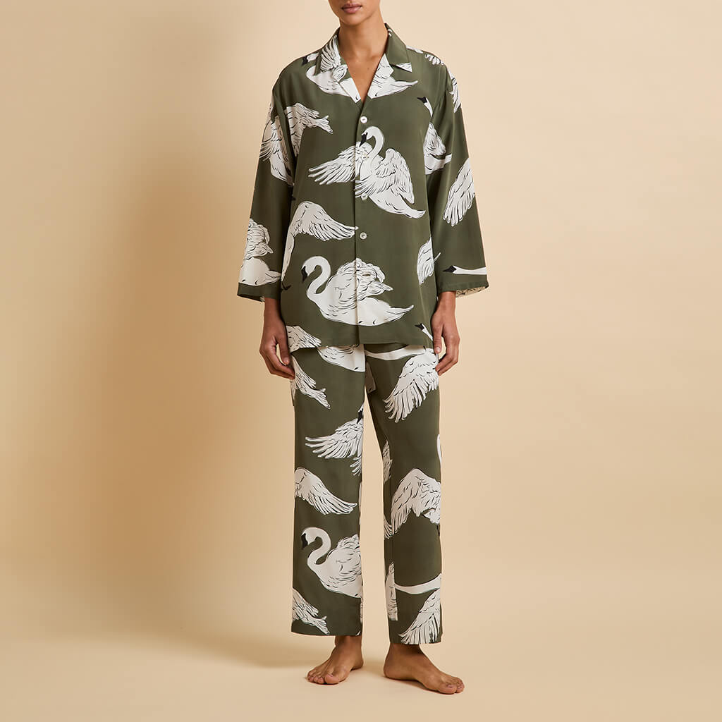 Casablanca Riba Green Swan Pajamas in Silk Crêpe de Chine