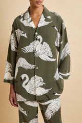 Casablanca Riba Green Swan Pajamas in Silk Crêpe de Chine