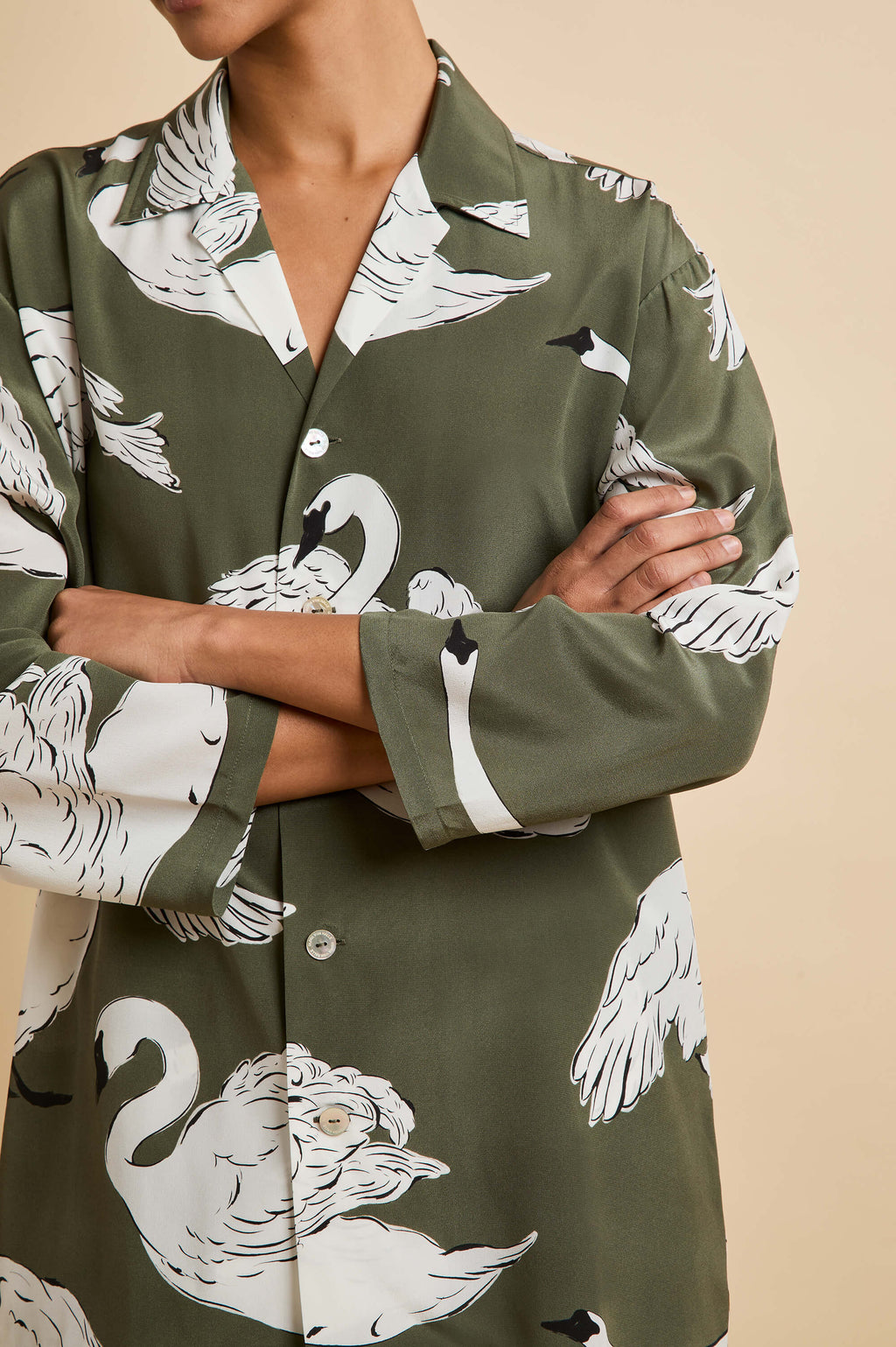 Casablanca Riba Green Swan Pajamas in Silk Crêpe de Chine