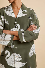 Casablanca Riba Green Swan Pajamas in Silk Crêpe de Chine