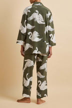 Casablanca Riba Green Swan Pajamas in Silk Crêpe de Chine
