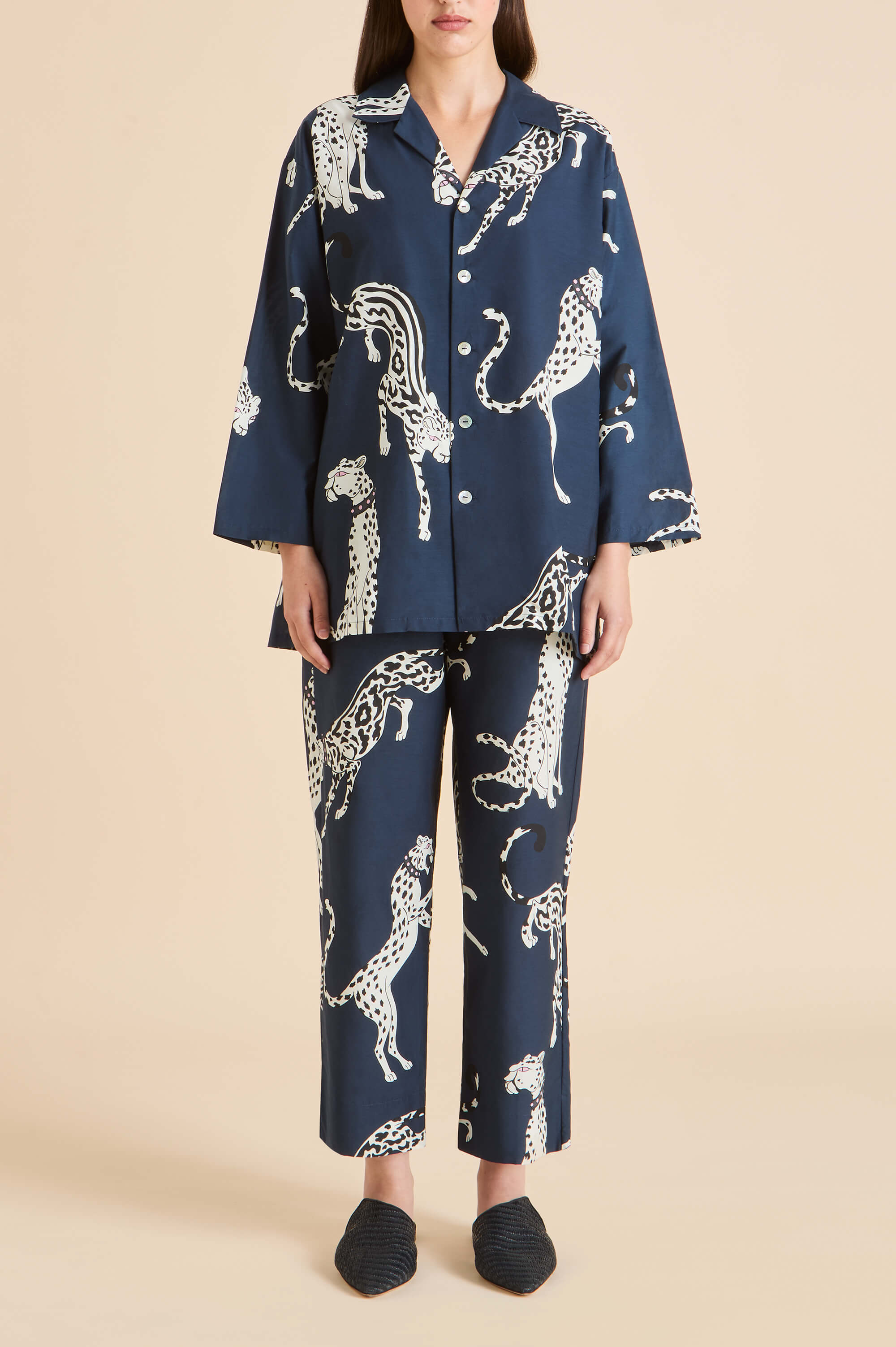 Casablanca Ziegfeld Blue Leopard Pajamas in Cotton-Silk
