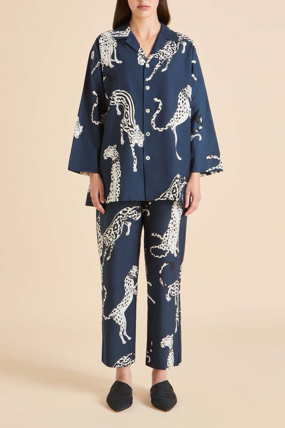 Casablanca Ziegfeld Blue Leopard Pajamas in Cotton-Silk