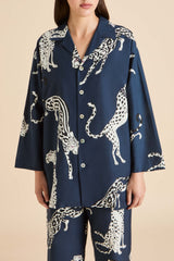 Casablanca Ziegfeld Blue Leopard Pajamas in Cotton-Silk