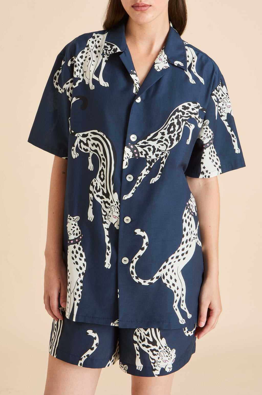 Emeli Ziegfeld Blue Leopard Pajamas in Cotton-Silk