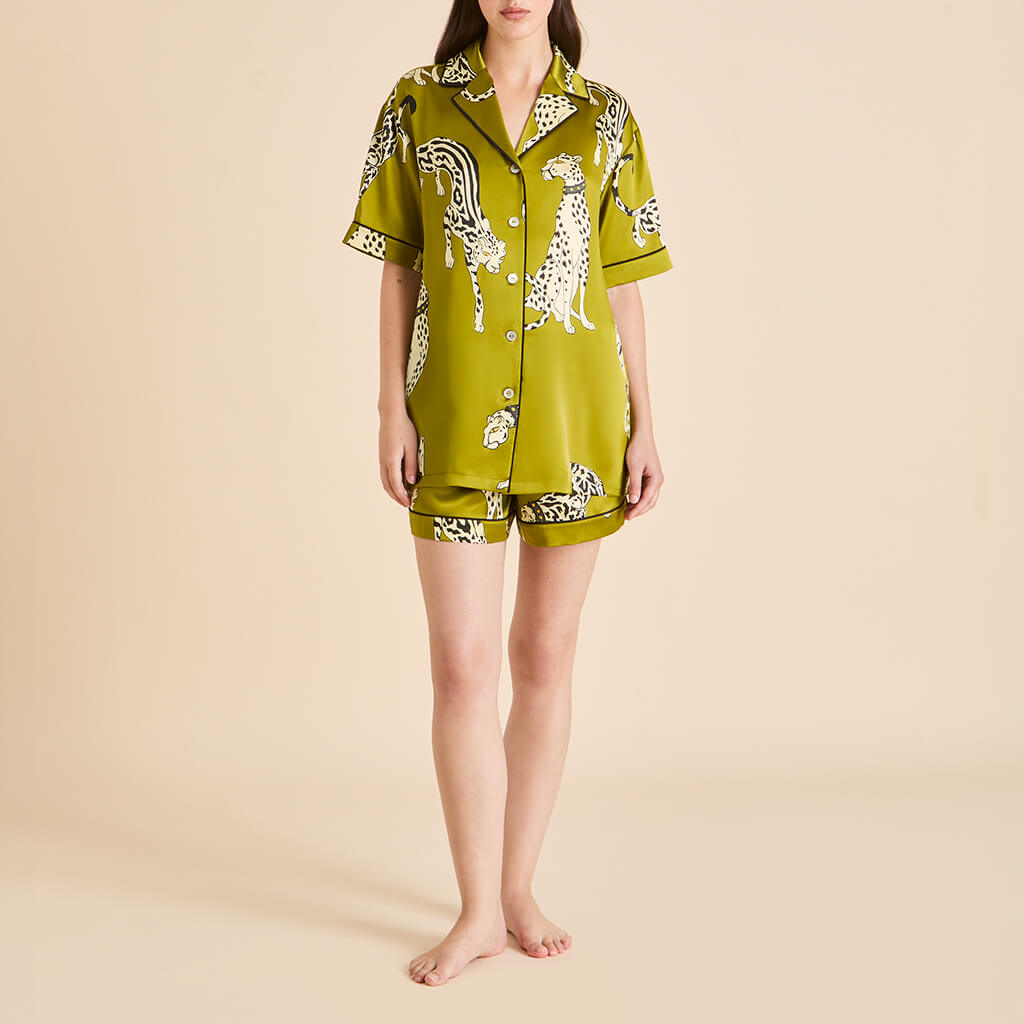 Ingo Chanson Green Leopard Pajamas in Silk Satin