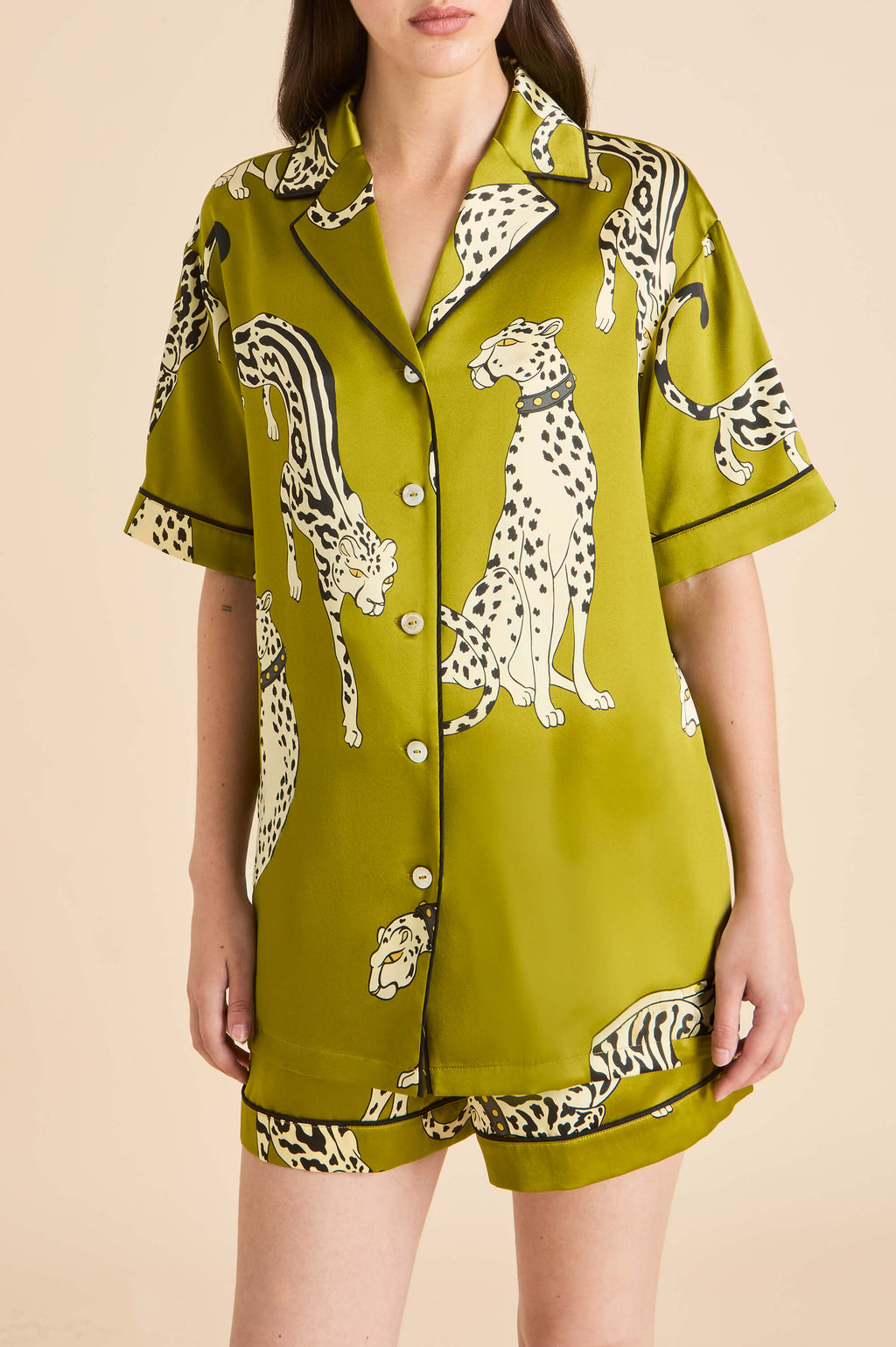 Ingo Chanson Green Leopard Pajamas in Silk Satin