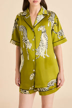 Ingo Chanson Green Leopard Pajamas in Silk Satin