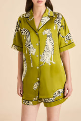 Ingo Chanson Green Leopard Pajamas in Silk Satin