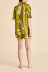 Ingo Chanson Green Leopard Pajamas in Silk Satin