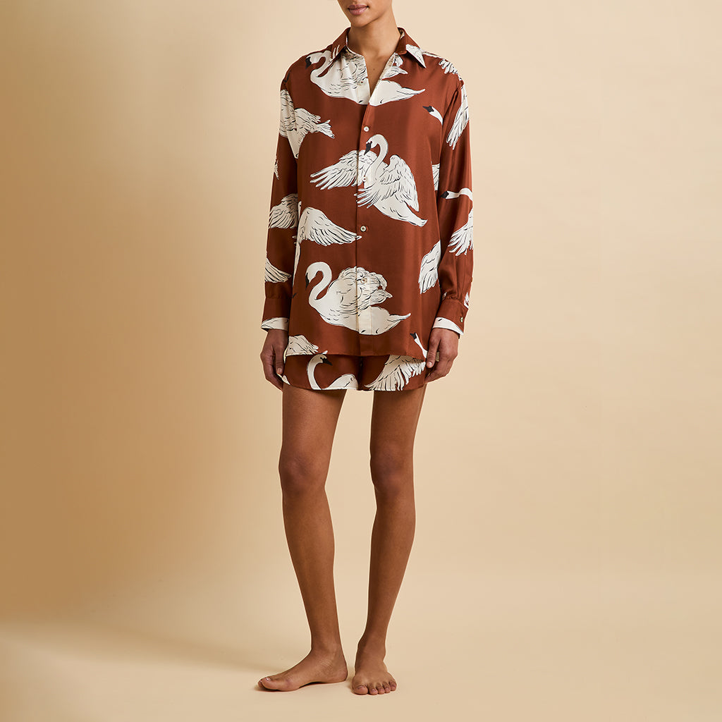 Kick Inés Brown Swan Pajamas in Silk Twill