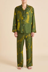 Laurent Nyra Green Leopard Pajamas in Silk Twill
