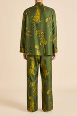 Laurent Nyra Green Leopard Pajamas in Silk Twill