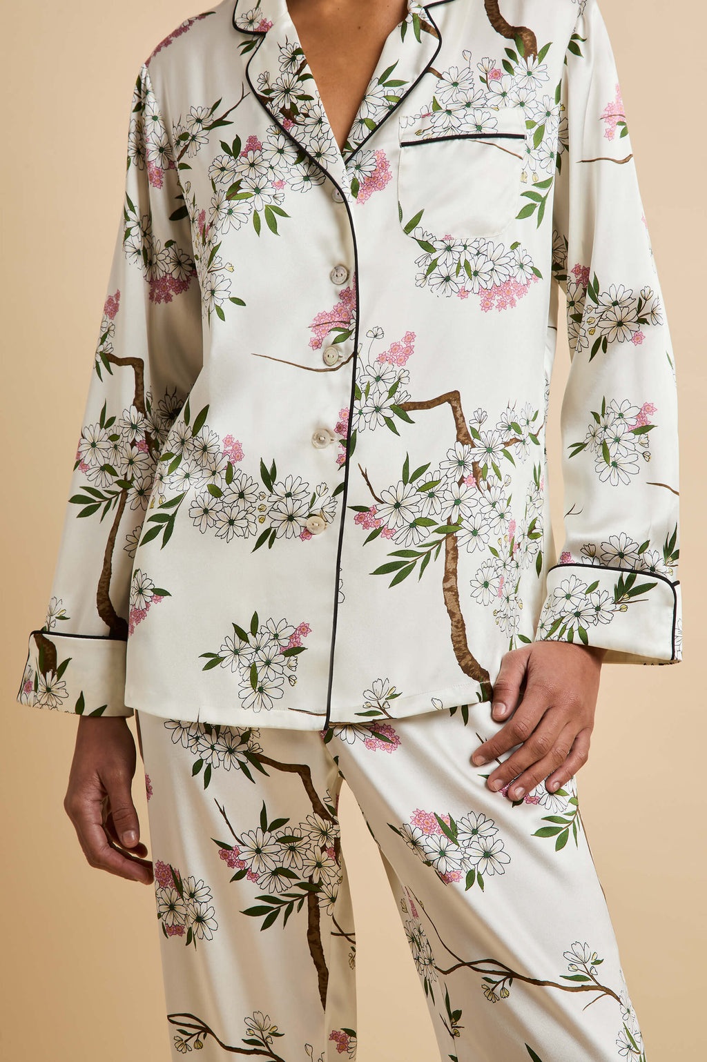 Lila Ana Ivory Blossom Pajamas in Silk Satin